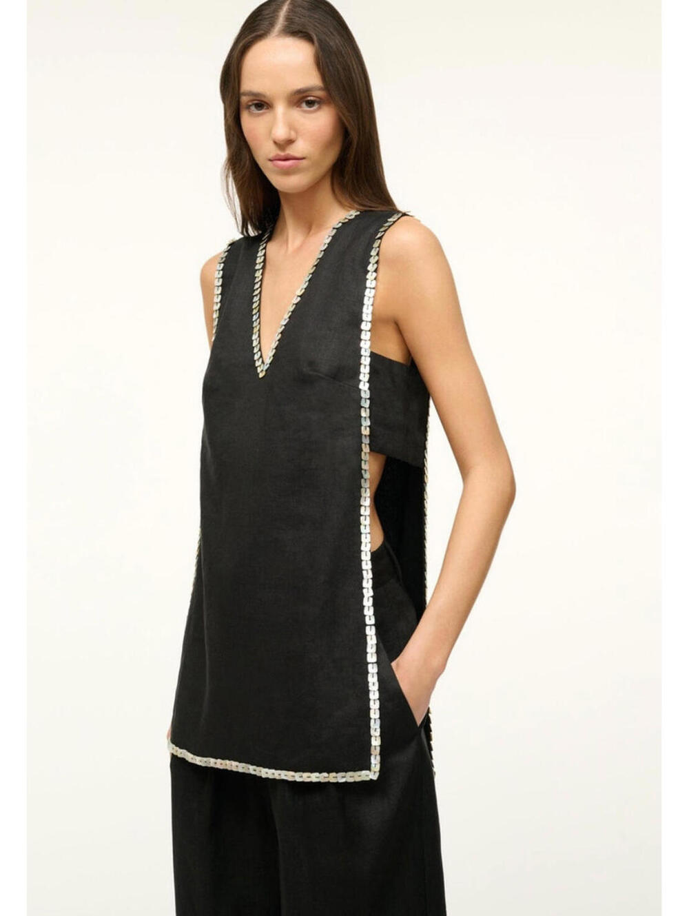 NWT STAUD Harbor Linen Tunic Blouse Top Shell Beaded Cutout Top Shirt Sz Small